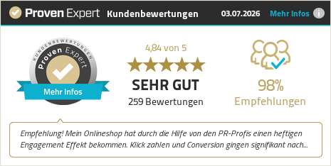 ProvenExpert-Kundenbewertungen: SEHR GUT, 4,84 von 5, 259 Bewertungen, 98 % Empfehlungen